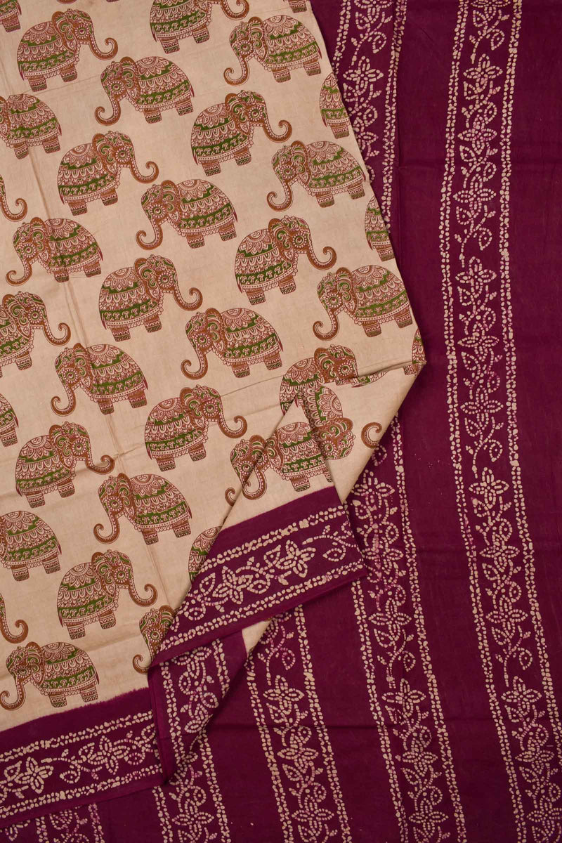 Light Brown Pure Cotton Elephant Printed Contrast Border Sungudi Saree