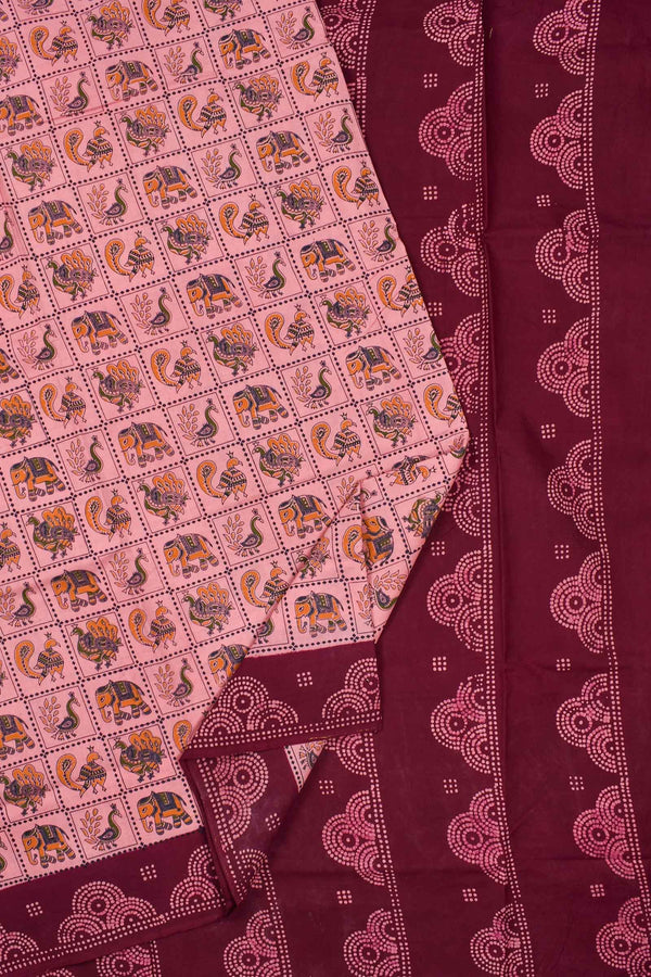 Peach Pure Cotton Elephant Printed Contrast Border Sungudi Saree