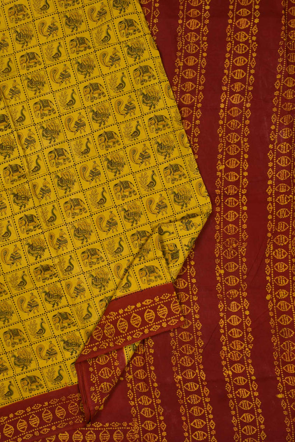 Yellow Pure Cotton Checkered Animalas Printed Sungudi Saree