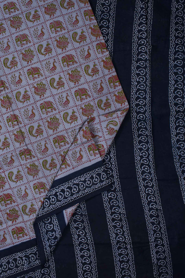 Grey with Blue Pure Cotton Checkered Animalas Printed Sungudi Saree