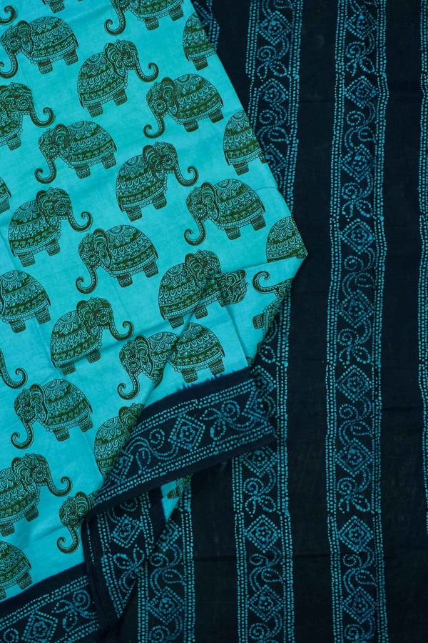 Blue  Pure Cotton Elephant Printed Contrast Border Sungudi Saree