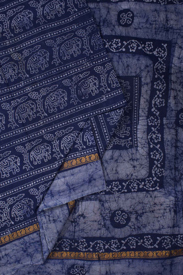 Blue Pure Cotton Elephant Printed Zari Border Sungudi Saree