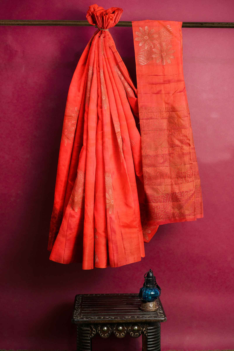 Dark Orange Light Weight Pure Silk Arani Big Butta Borderless Saree