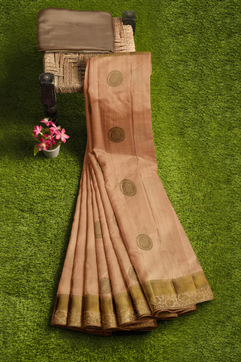 Sandal Light Weight Pure Silk Arani Fancy Border Contrast Green Butta Saree