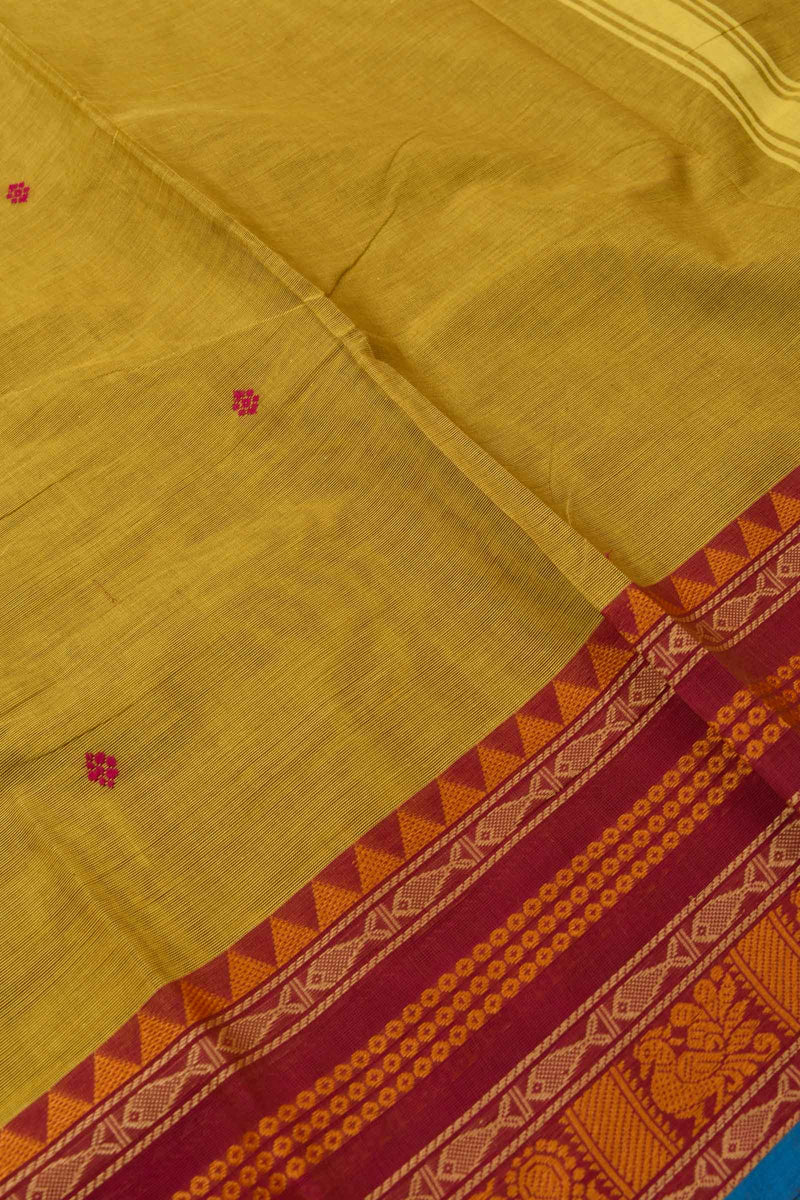 Yellow Chettinad Pure Cotton Thread Peacock Border Saree