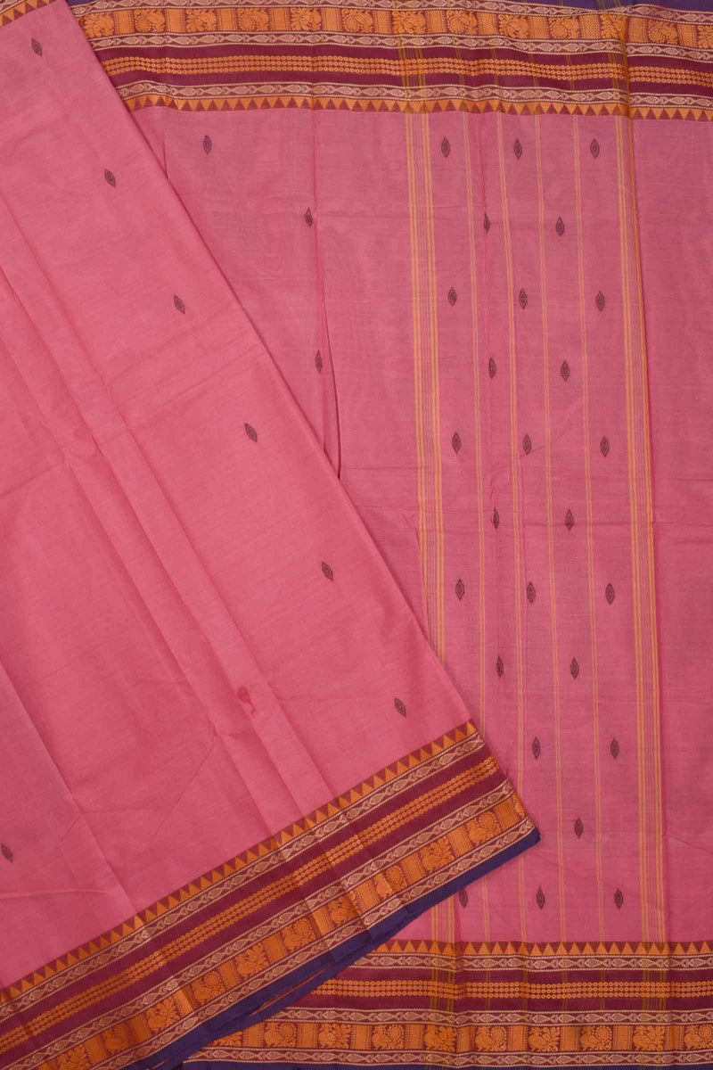 Pink Chettinad Pure Cotton Thread Peacock Border Saree