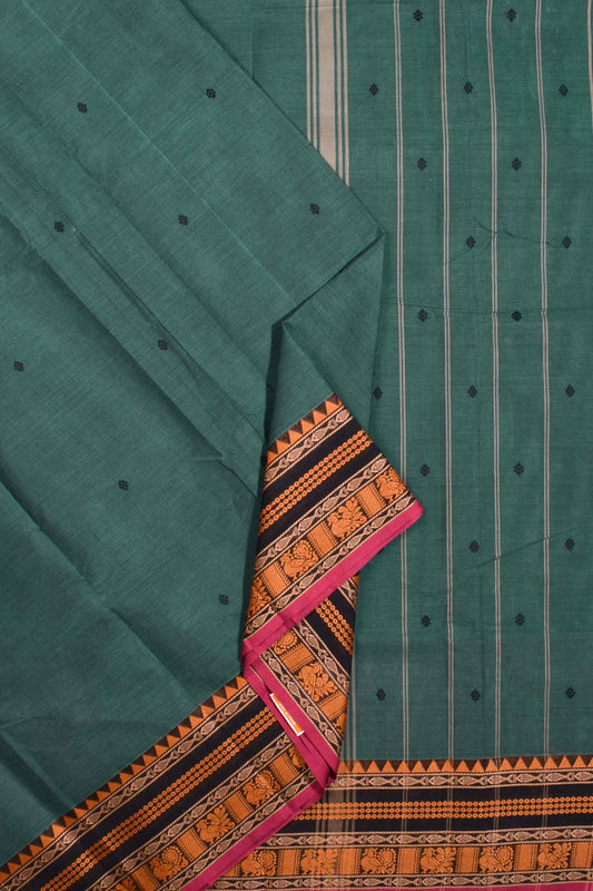 Dark Green Chettinad Pure Cotton Thread Peacock Border Saree