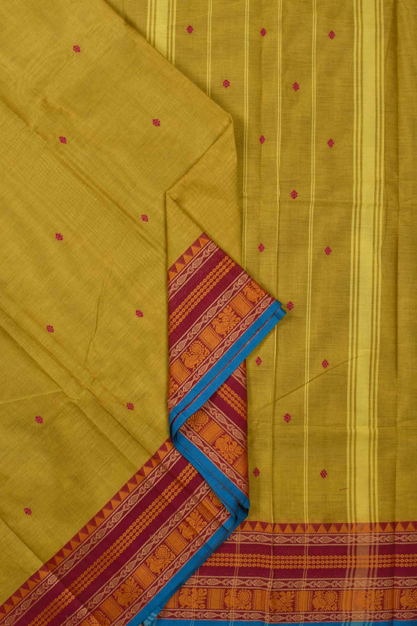 Yellow Chettinad Pure Cotton Thread Peacock Border Saree