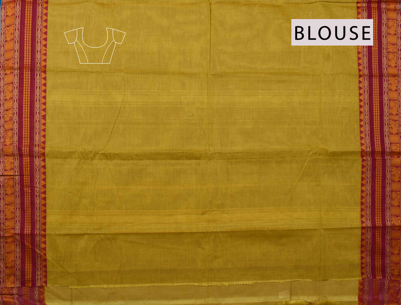 Yellow Chettinad Pure Cotton Thread Peacock Border Saree