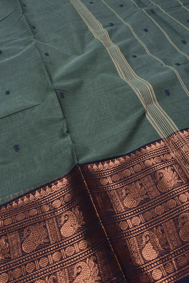 Dark Green Chettinad Pure Cotton with Mango Rudraksh Fancy Jari Border Saree