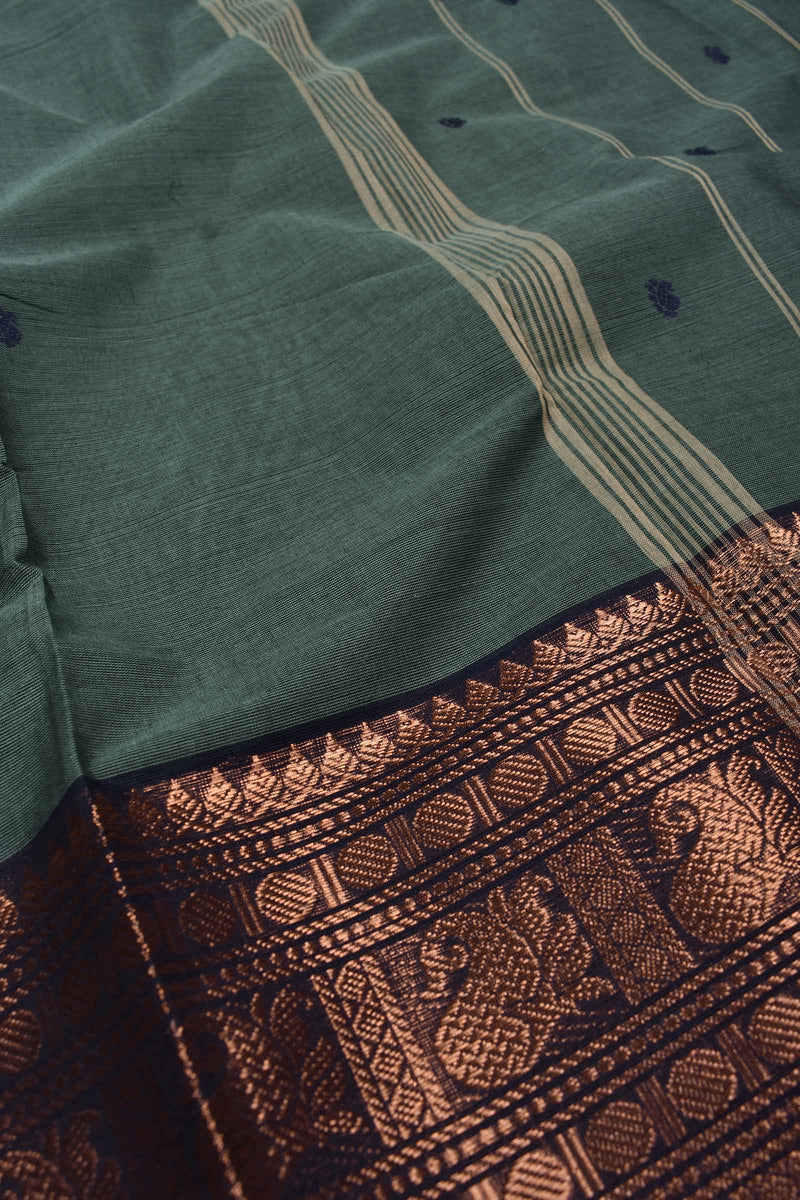 Dark Green Chettinad Pure Cotton with Mango Rudraksh Fancy Jari Border Saree