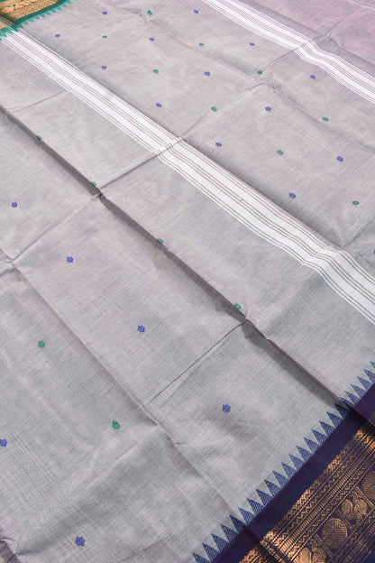 Grey Chettinad Pure Cotton Peacock Jari Double Color Border Saree