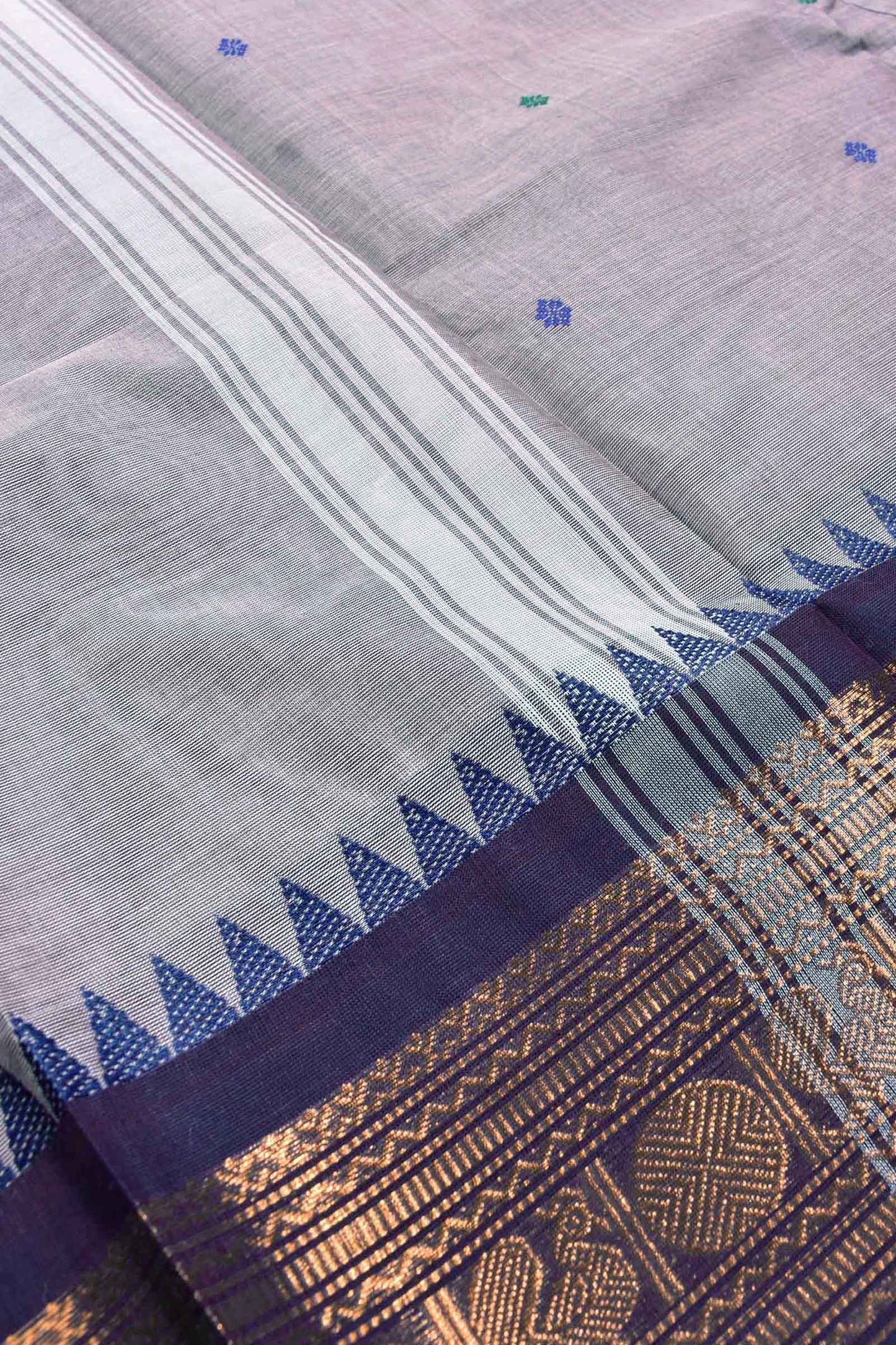 Grey Chettinad Pure Cotton Peacock Jari Double Color Border Saree