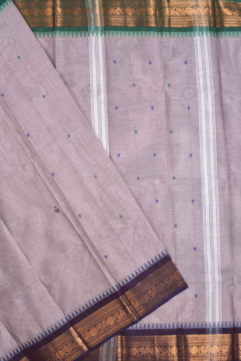 Grey Chettinad Pure Cotton Peacock Jari Double Color Border Saree