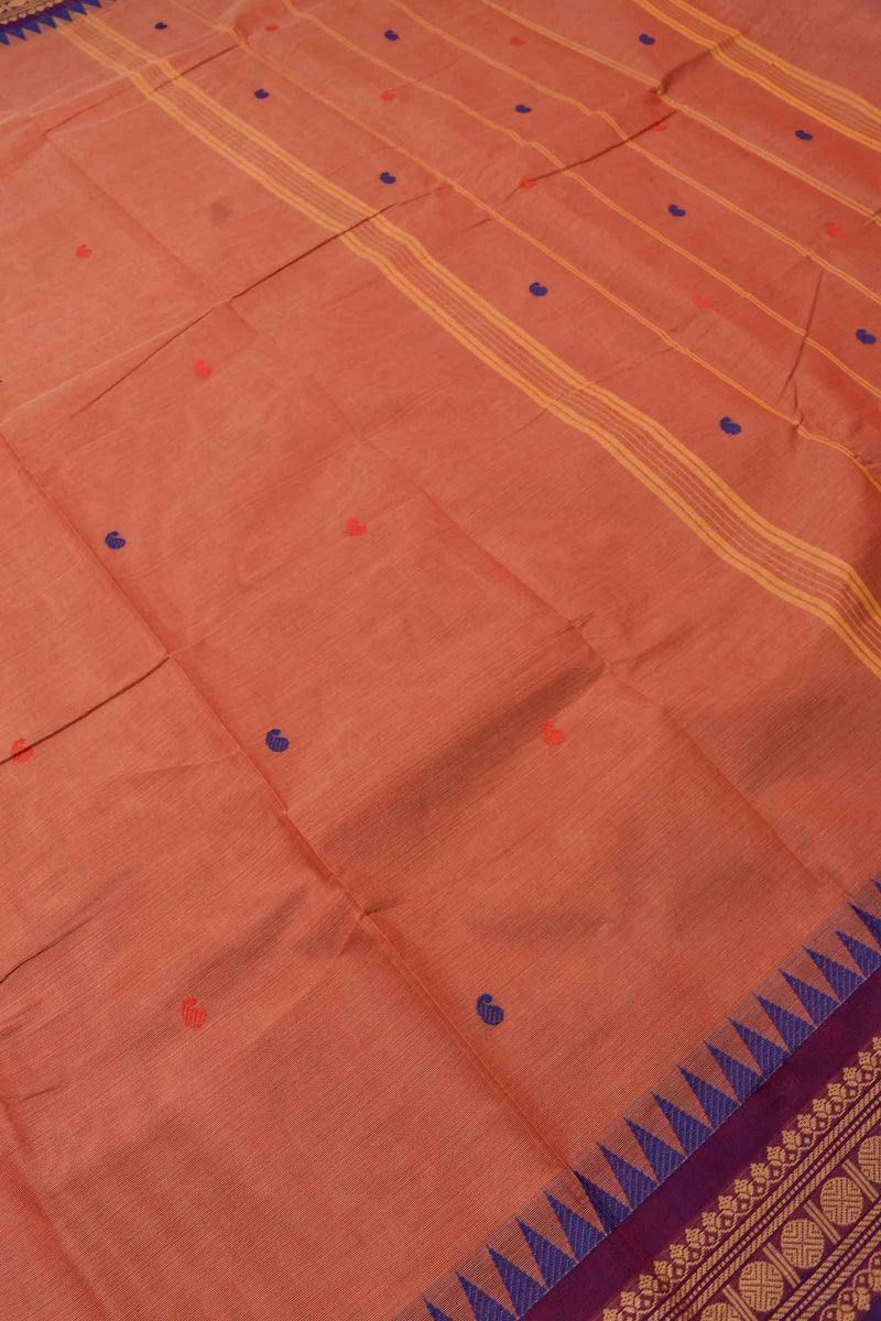 Light Orange Chettinad Pure Cotton Body Butta Rudraksh Fancy Border Saree