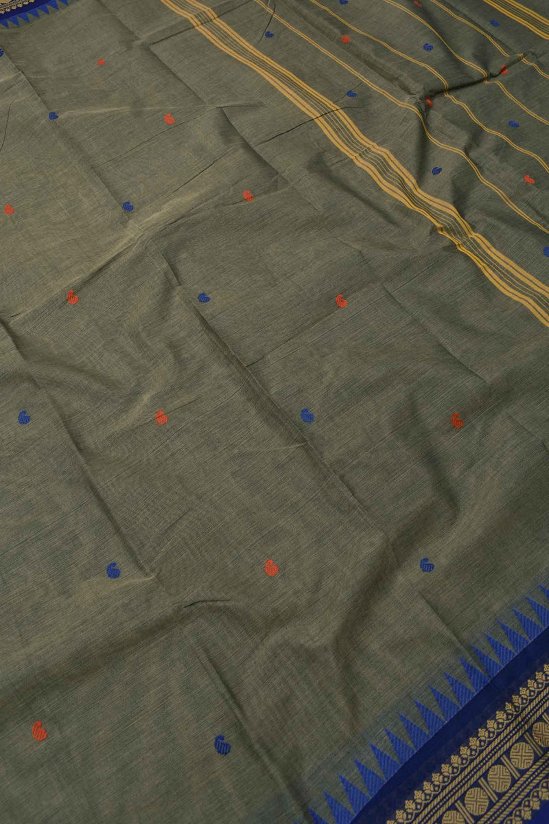 Grey Chettinad Pure Cotton Body Butta Rudraksh Fancy Border Saree