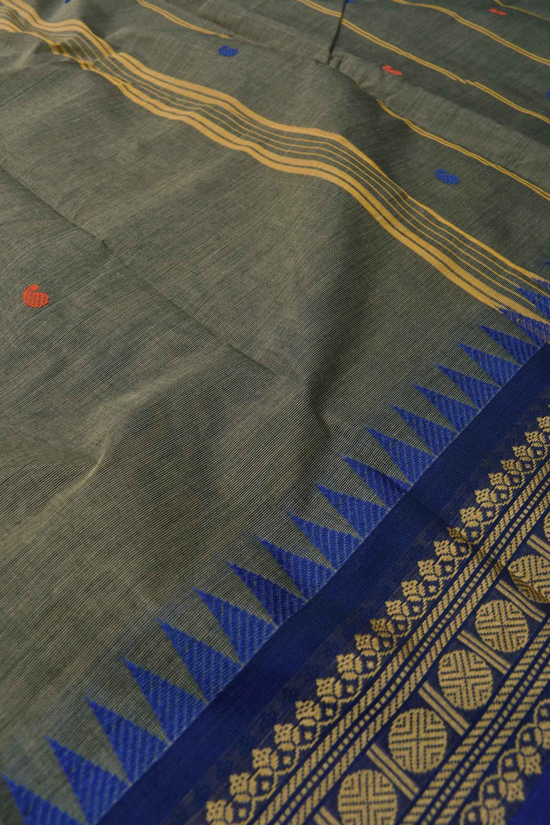 Grey Chettinad Pure Cotton Body Butta Rudraksh Fancy Border Saree