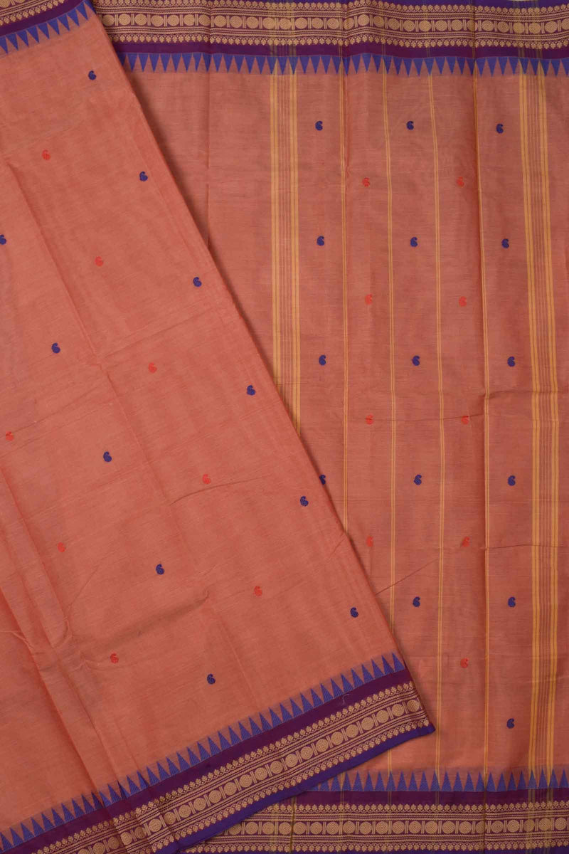 Light Orange Chettinad Pure Cotton Body Butta Rudraksh Fancy Border Saree