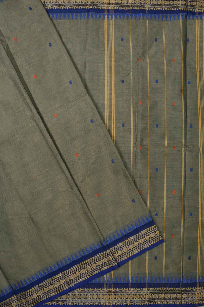 Grey Chettinad Pure Cotton Body Butta Rudraksh Fancy Border Saree