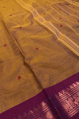 Brown Chettinad Pure Cotton Peacock Rudraksah Jari Double Color Border Saree