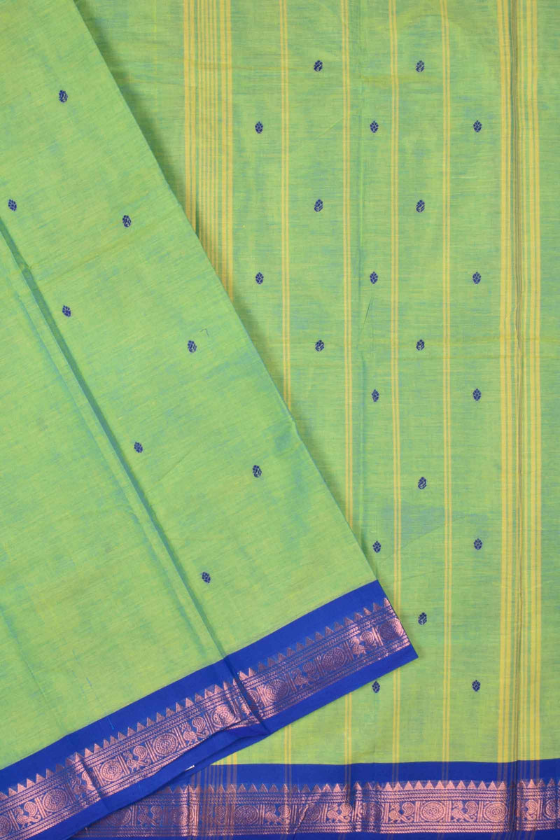 Green Chettinad Pure Cotton Peacock Rudraksah Jari Double Color Border Saree