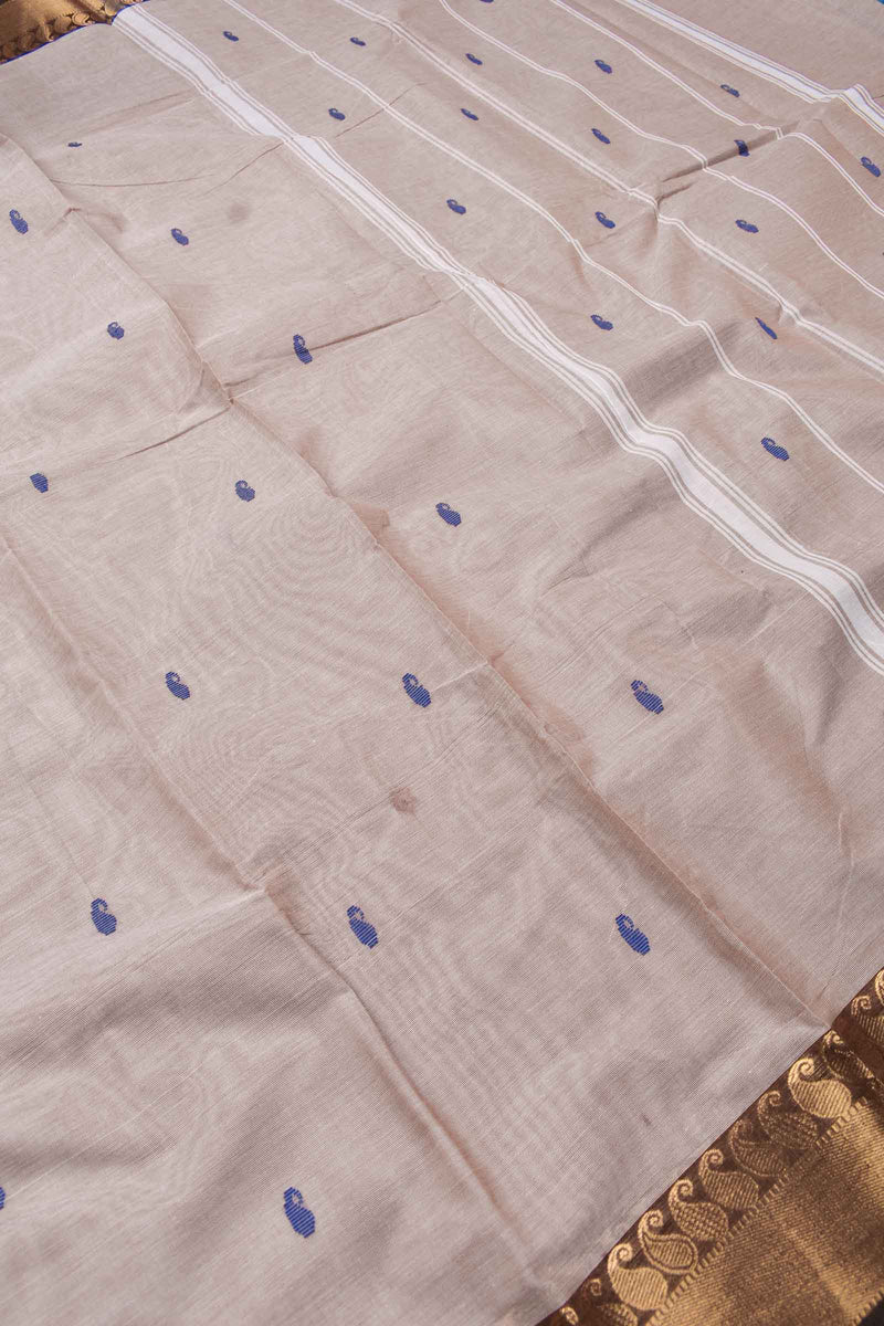 Off White Chettinad Pure Cotton Mango Jari Border Body Butta Saree