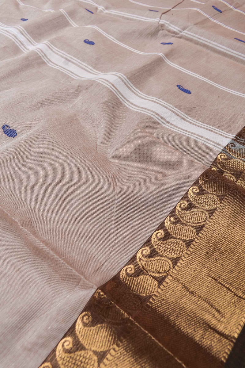 Off White Chettinad Pure Cotton Mango Jari Border Body Butta Saree