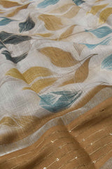 Offwhite Semi Linen Printed Leaves Simple Sequin Border Saree