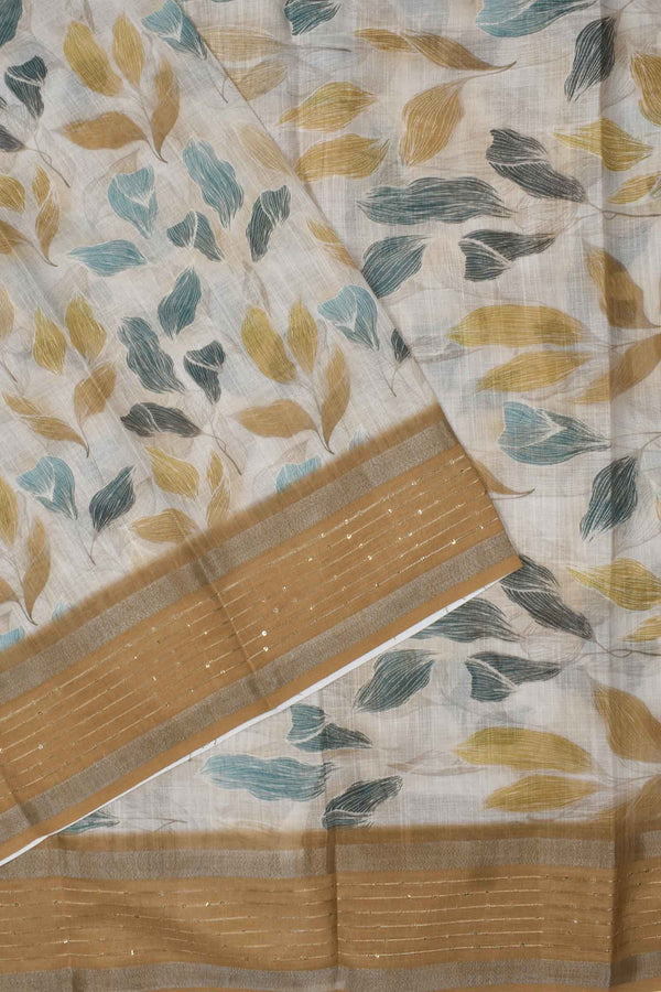 Offwhite Semi Linen Printed Leaves Simple Sequin Border Saree