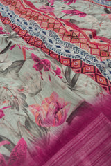 Offwhite Semi Linen Pink Flowers Digital Printed Saree