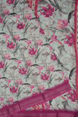 Offwhite Semi Linen Pink Flowers Digital Printed Saree