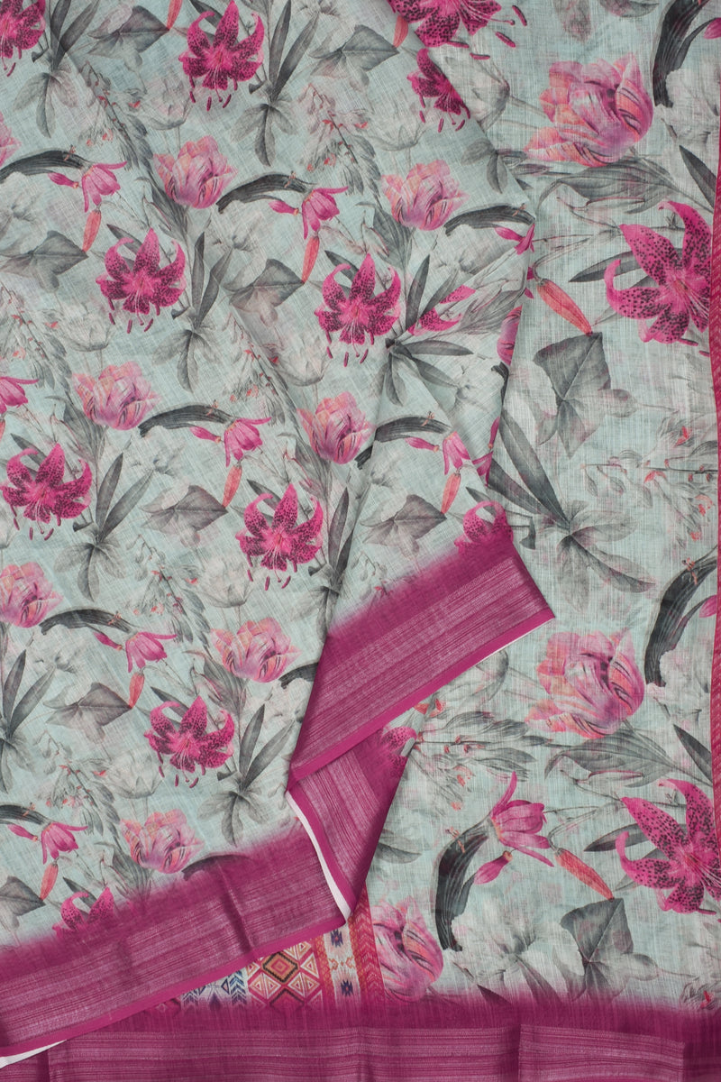 Offwhite Semi Linen Pink Flowers Digital Printed Saree