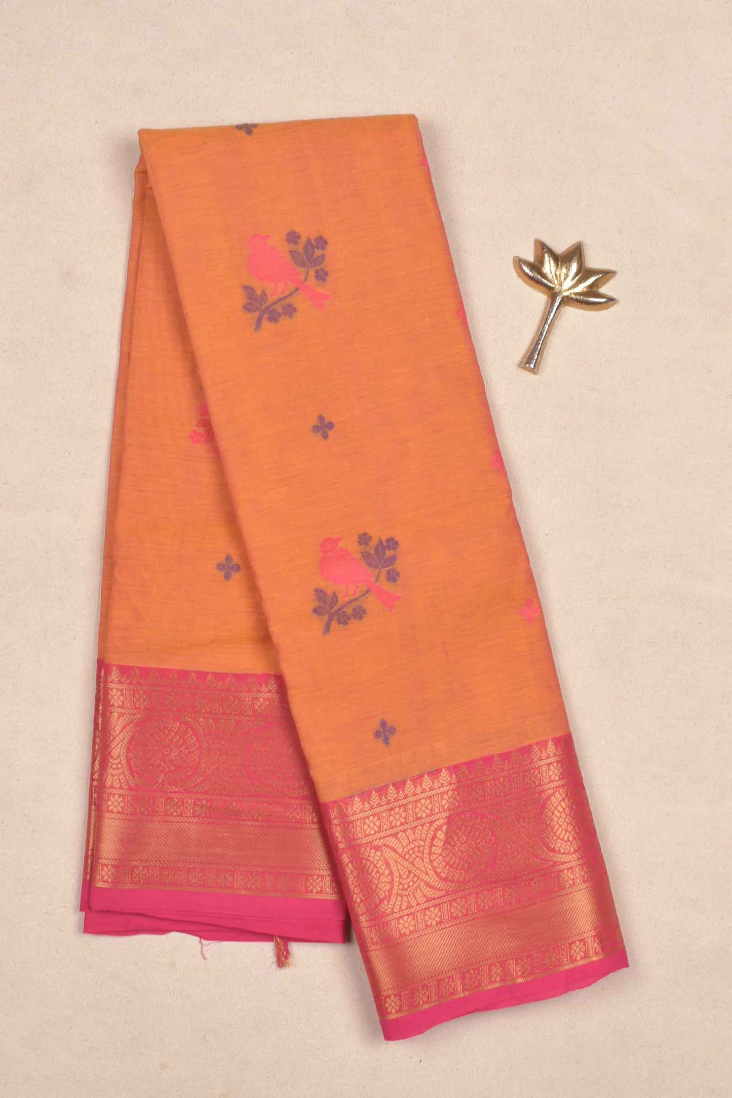 Yellow Pure South Cotton Birds Butta Pink Golden Zari Border Saree