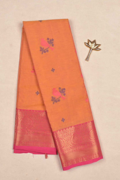 Yellow Pure South Cotton Birds Butta Pink Golden Zari Border Saree