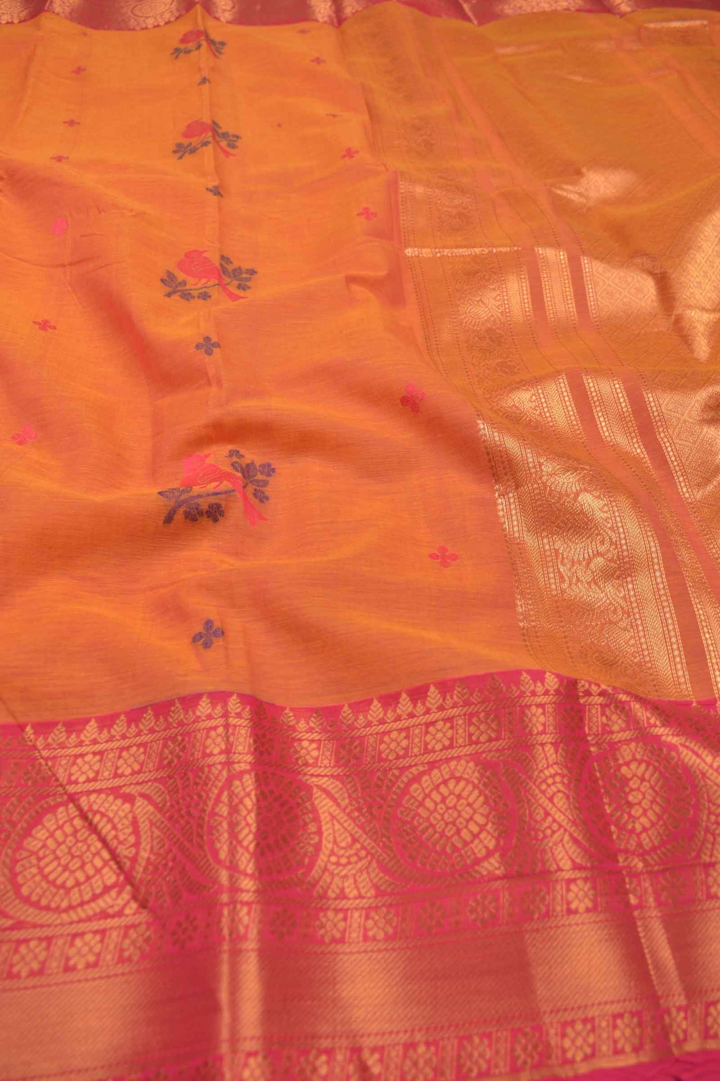 Yellow Pure South Cotton Birds Butta Pink Golden Zari Border Saree