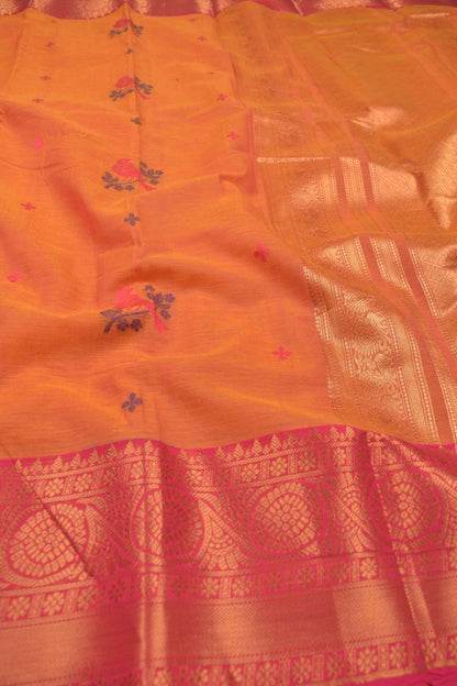 Yellow Pure South Cotton Birds Butta Pink Golden Zari Border Saree
