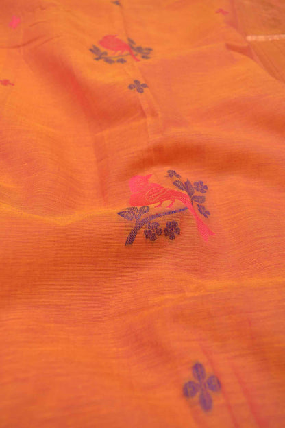 Yellow Pure South Cotton Birds Butta Pink Golden Zari Border Saree