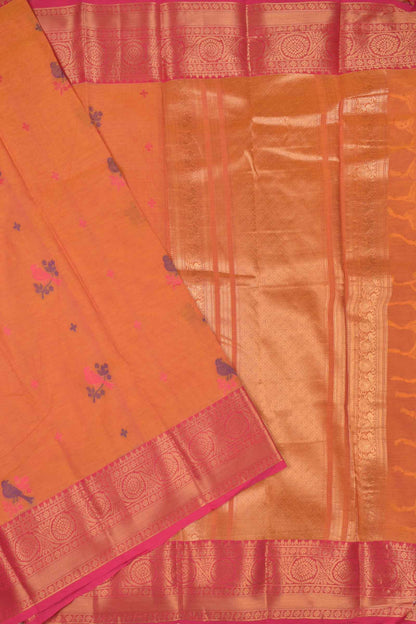 Yellow Pure South Cotton Birds Butta Pink Golden Zari Border Saree