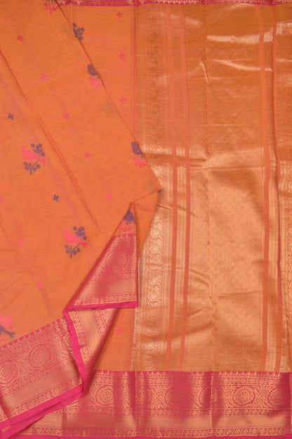 Yellow Pure South Cotton Birds Butta Pink Golden Zari Border Saree