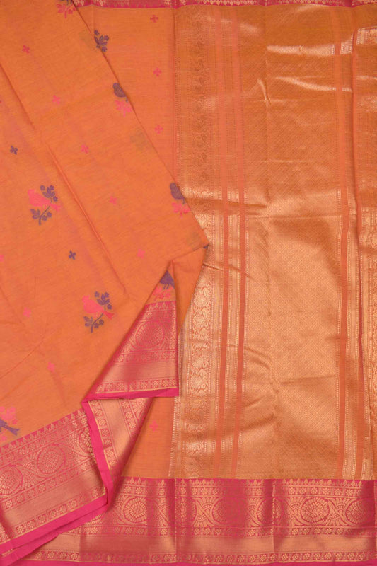 Yellow Pure South Cotton Birds Butta Pink Golden Zari Border Saree