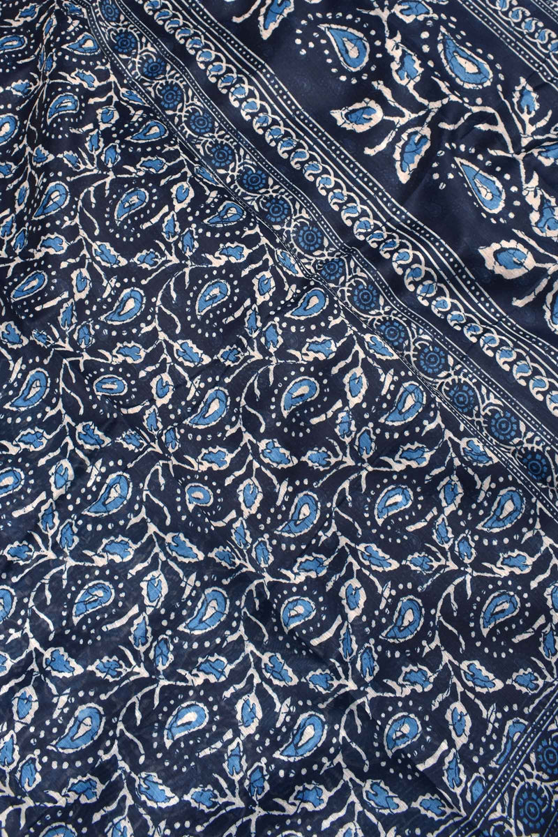 Indigo Blue Semi Chanderi Mango Leaves Printed Saree