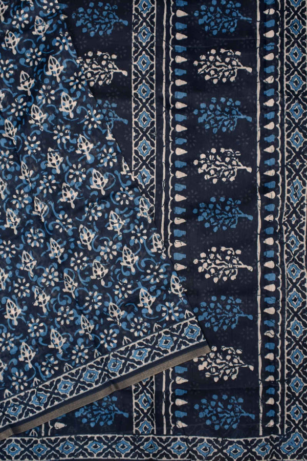 Indigo Blue Semi Chanderi Open Leaves Printed Saree