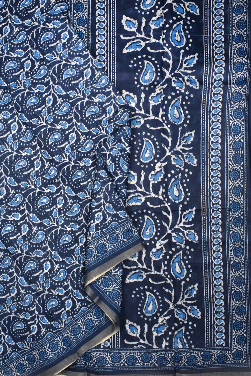 Indigo Blue Semi Chanderi Mango Leaves Printed Saree