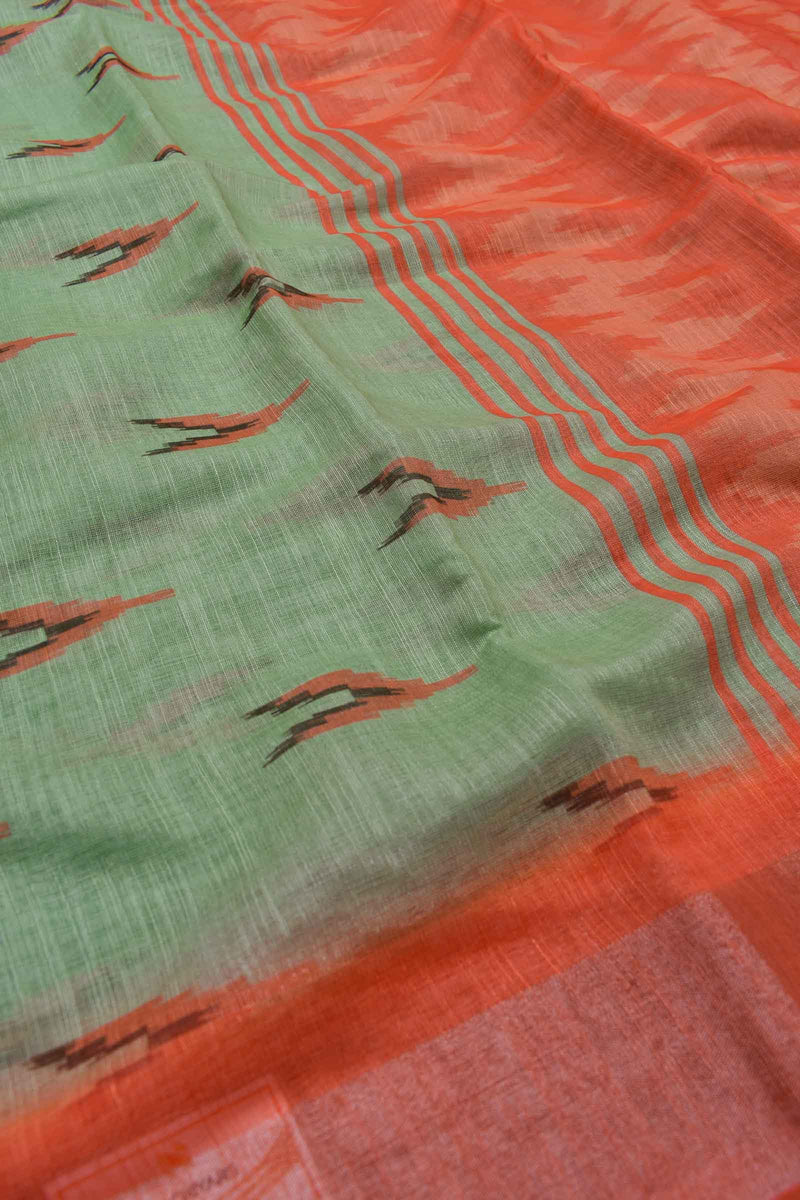 Green Semi Linen Ikkat Style Contrast Border Printed Saree