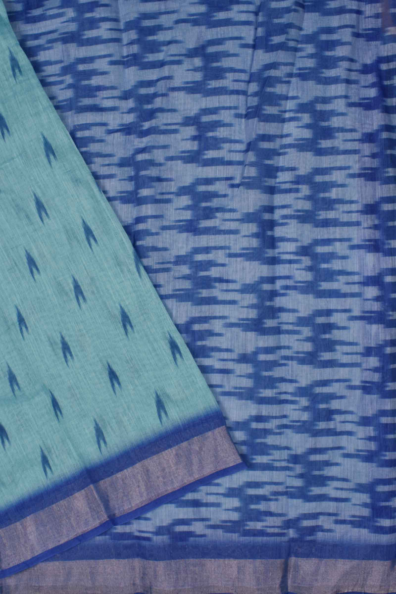 Blue Semi Linen Ikkat Style Contrast Border Printed Saree