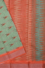 Green Semi Linen Ikkat Style Contrast Border Printed Saree