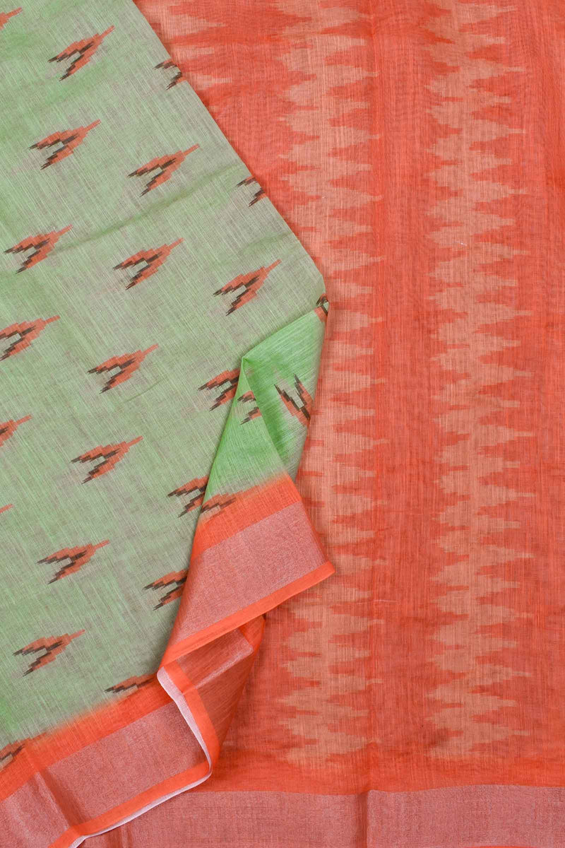 Green Semi Linen Ikkat Style Contrast Border Printed Saree