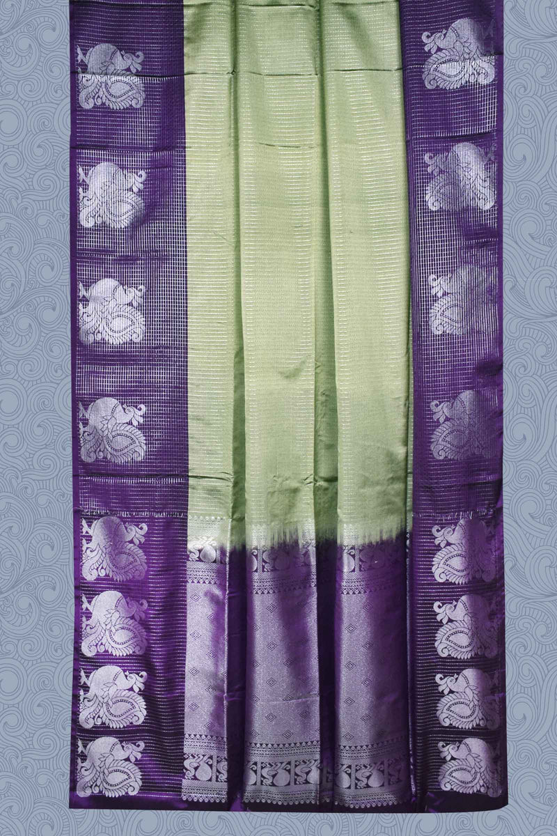 Green Semi Soft Silk Contrast Violet Pallu Peacock Butta Saree