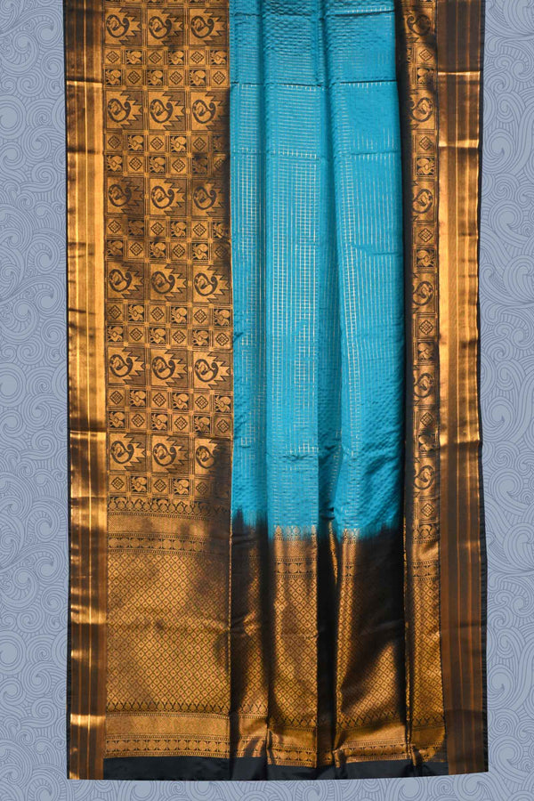 Blue Checkered Semi Soft Silk Contrast Black Gold Pallu Saree