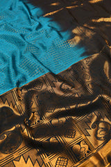 Blue Checkered Semi Soft Silk Contrast Black Gold Pallu Saree